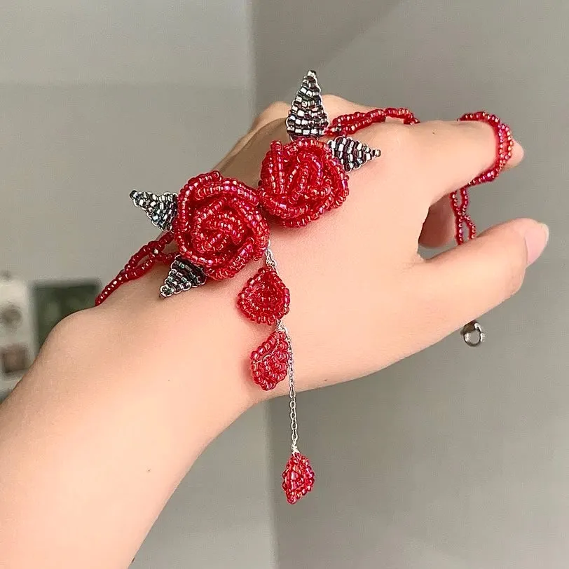 Handmade Crystal Beaded Rose Petal Tassel Choker Necklace