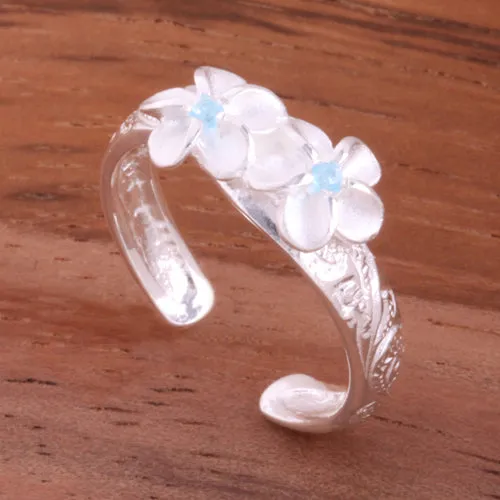 Hawaiian Scroll Two 6mm Plumeria with Blue CZ Smooth Edge Toe Ring