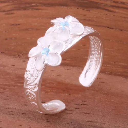 Hawaiian Scroll Two 6mm Plumeria with Blue CZ Smooth Edge Toe Ring