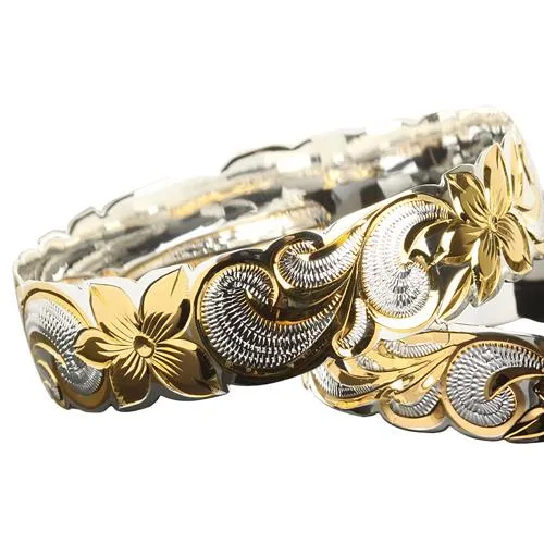 Hawaiian Sterling Silver Bangle Queen Scroll Engraving Cut Out Edge Yellow Gold Two Tone