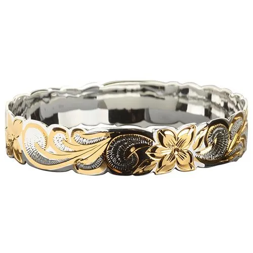 Hawaiian Sterling Silver Bangle Queen Scroll Engraving Cut Out Edge Yellow Gold Two Tone