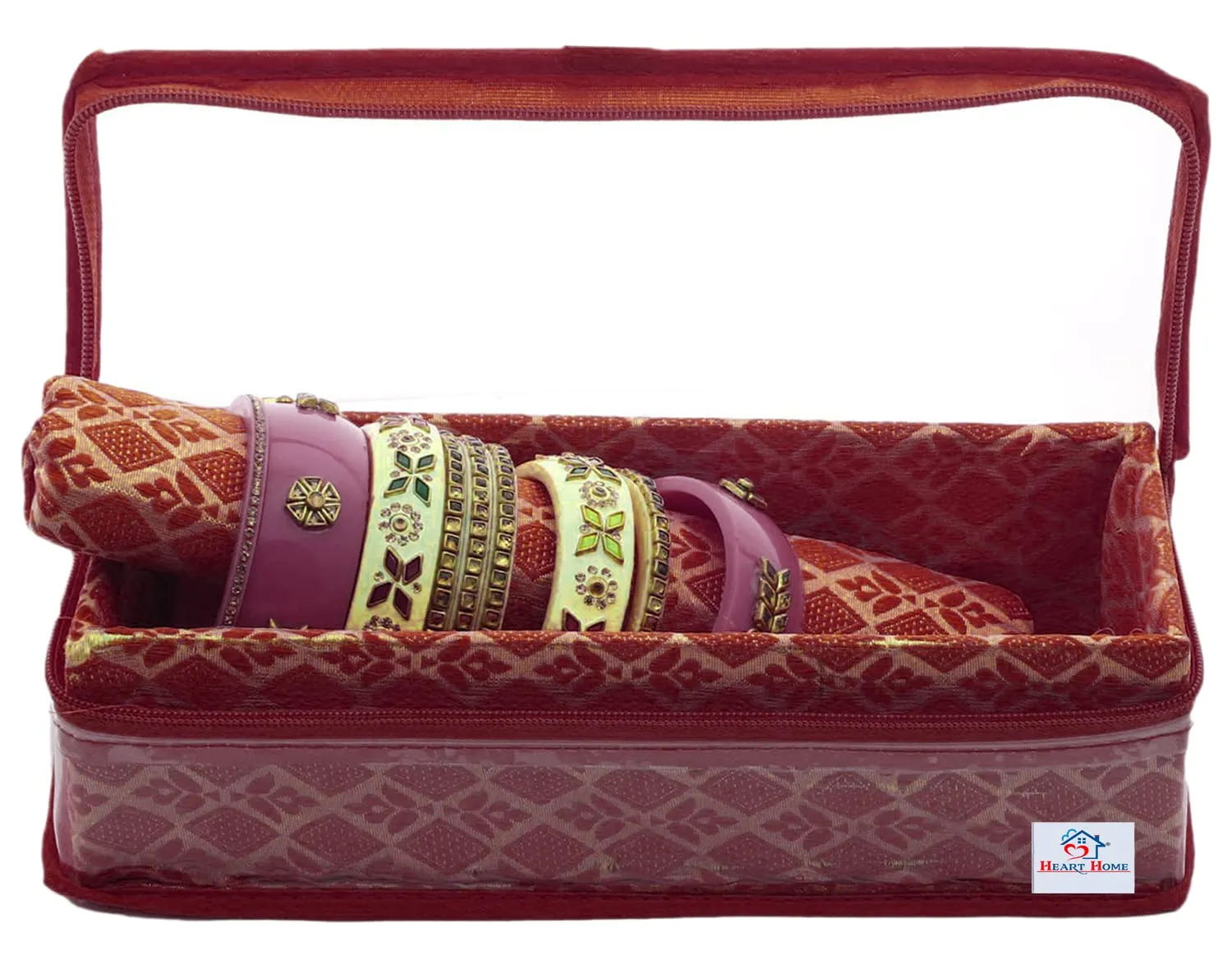 Heart Home Multipurpose Tribal Design Laminated 1 Rod Bangle Box/Organizer/Case With Tranasparent Top - Pack of 2 (Maroon)-47HH0507