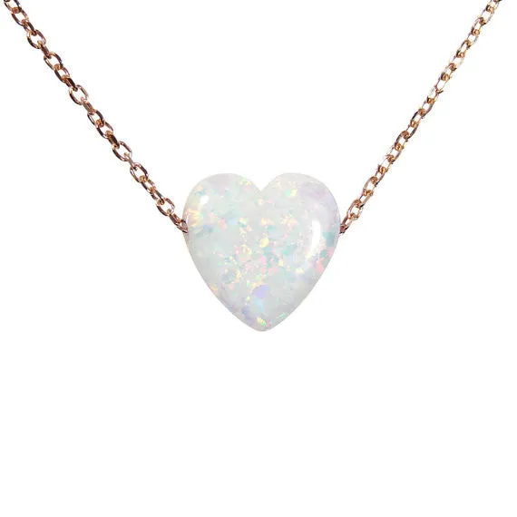 Heart  Necklace Lab-created white opal  pendant with 925 sterling silver chain necklace