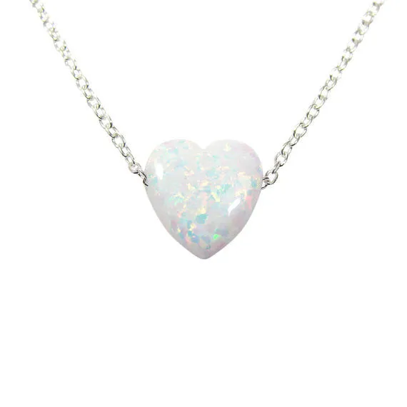 Heart  Necklace Lab-created white opal  pendant with 925 sterling silver chain necklace