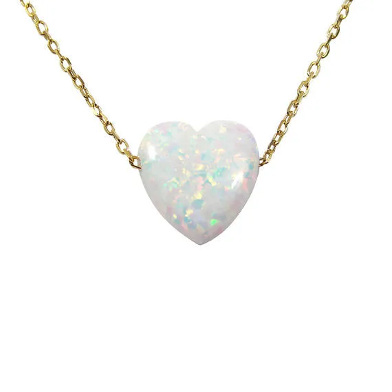 Heart  Necklace Lab-created white opal  pendant with 925 sterling silver chain necklace