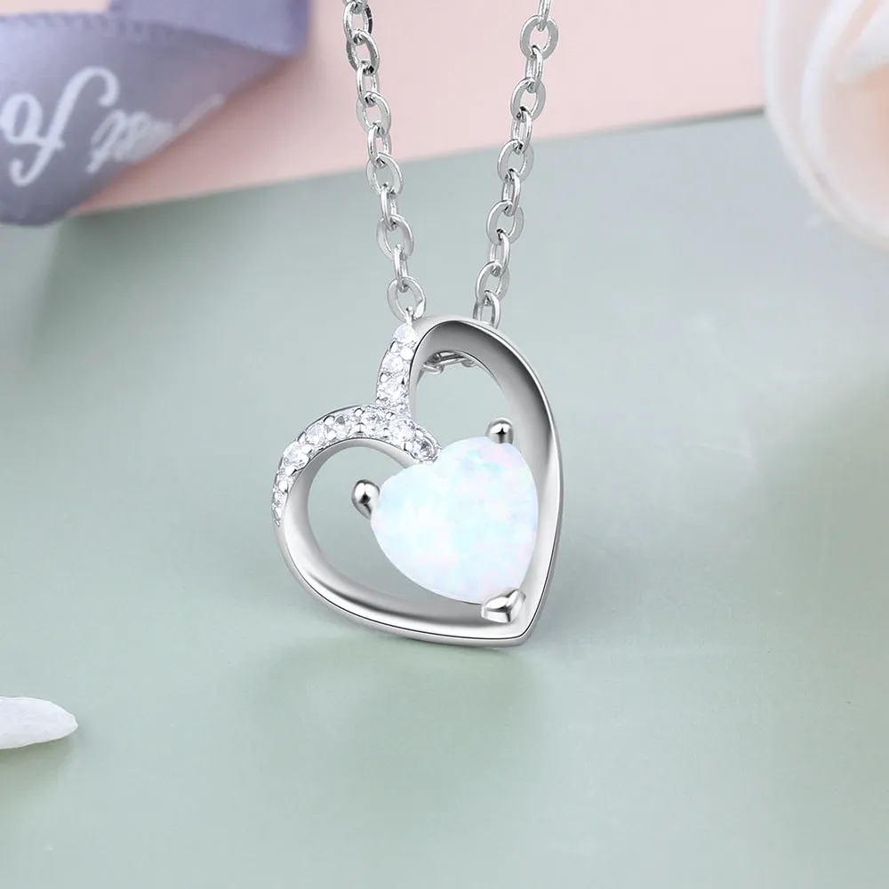 Hollow Heart Pendant with Heart Shape Opal Zircon Sterling Silver Necklace