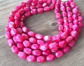 Hot Pink Lucite Acrylic Bead Chunky Multi Strand Statement Necklace - Penelope