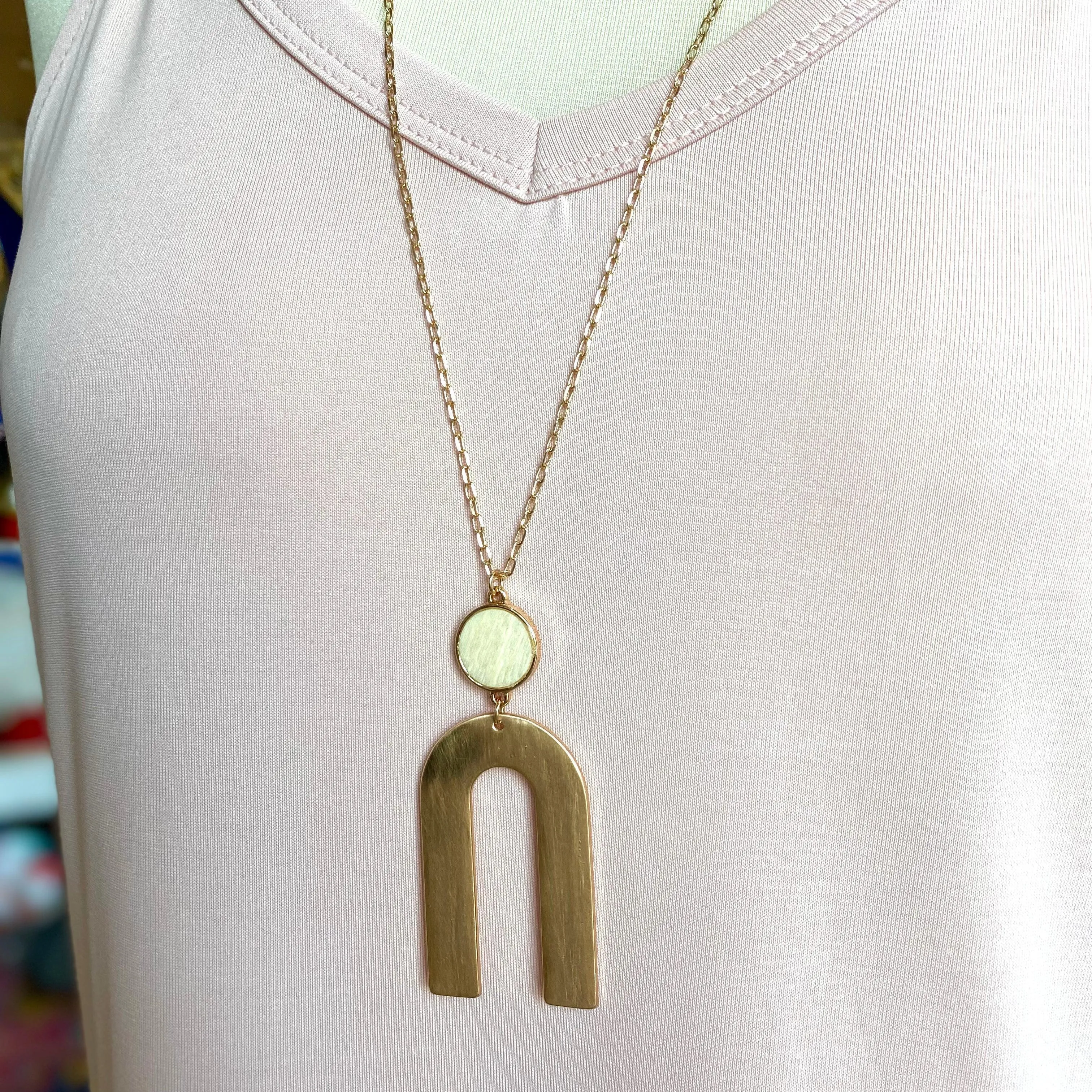 Ivory Round Wood and Gold U Link Long Necklace