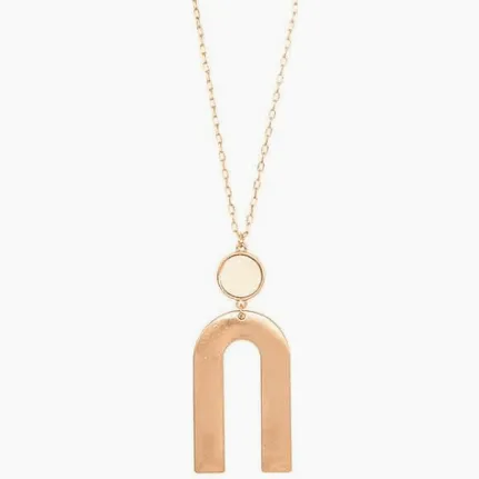 Ivory Round Wood and Gold U Link Long Necklace