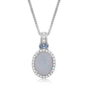 Jewelili Sterling Silver Created Opal with Swiss Blue Topaz and Created White Sapphire Pendant Necklace