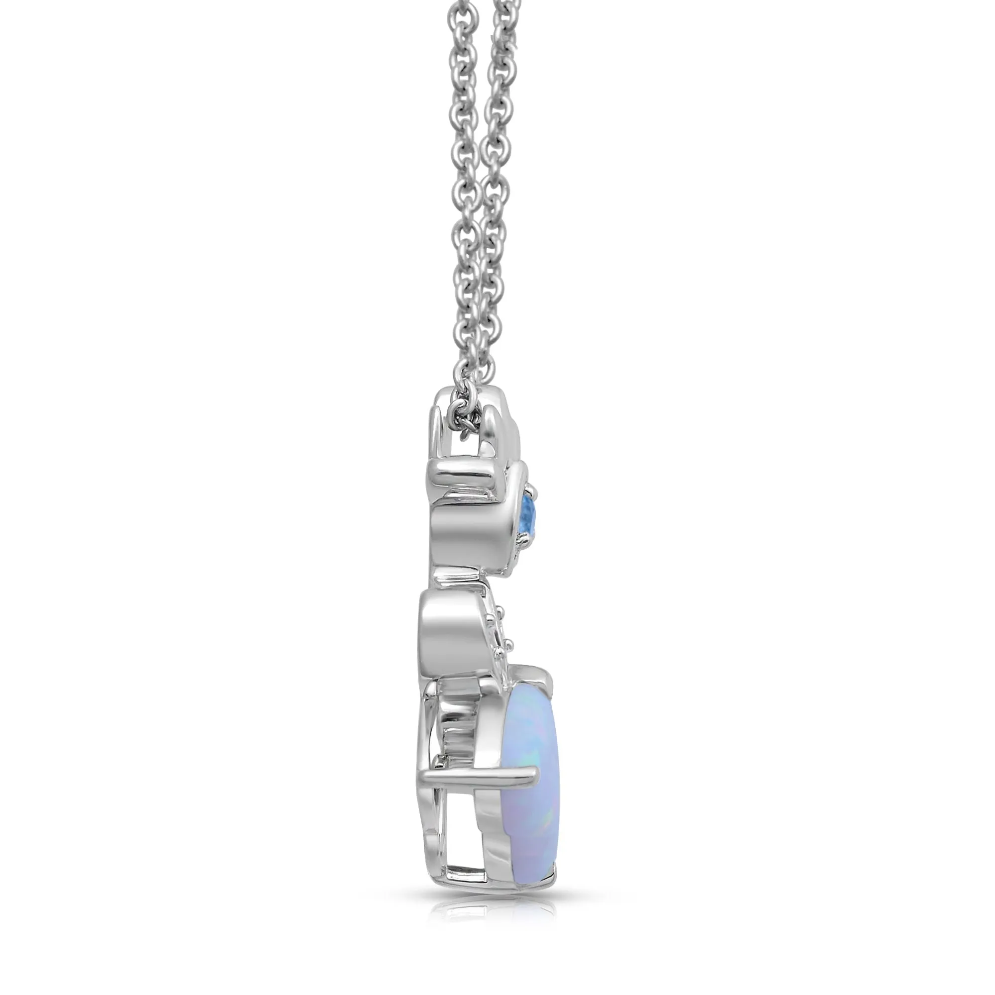 Jewelili Sterling Silver Created Opal With Swiss Blue Topaz and Diamonds Pendant Necklace