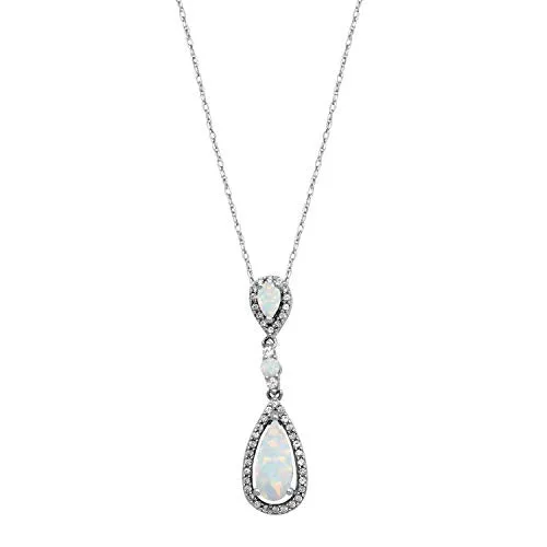 Jewelili Sterling Silver With Created Opal and Created White Sapphire Pendant Necklace