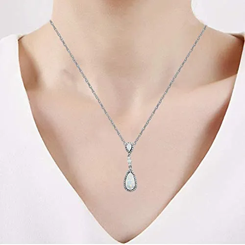 Jewelili Sterling Silver With Created Opal and Created White Sapphire Pendant Necklace