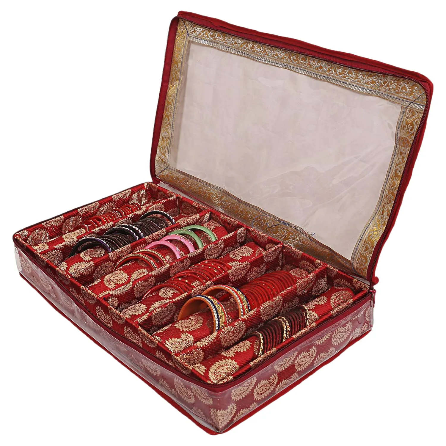 Kuber Industries Teardrop Pattern Laminated 6 Rod Box, Organizer For Bangle, Watches, Bracelets, Jewellery With Tranasparent Top - Pack of 2 (Red)-47KM0504