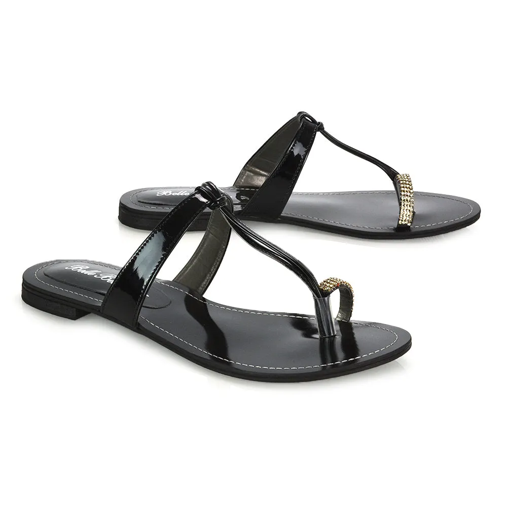 Lala Flat Strappy Diamante Detail Toe Ring Slider Summer Sandals in Silver