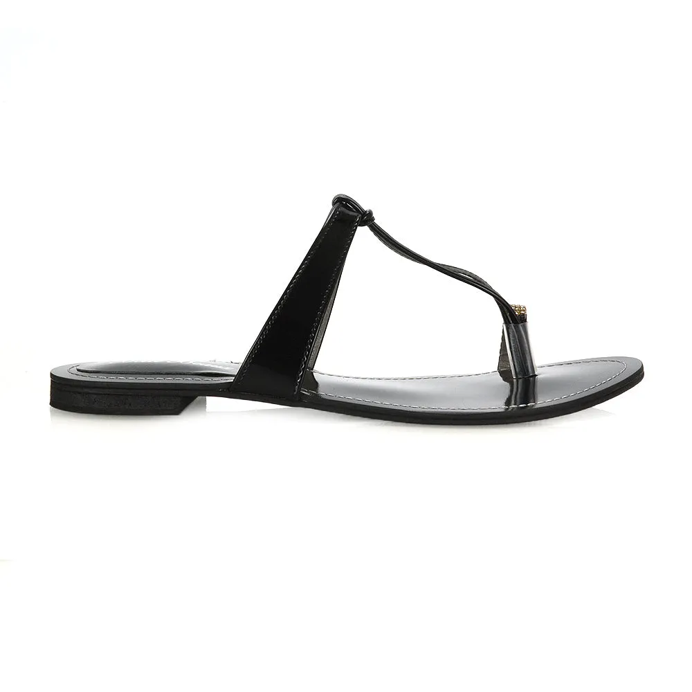 Lala Flat Strappy Diamante Detail Toe Ring Slider Summer Sandals in Silver