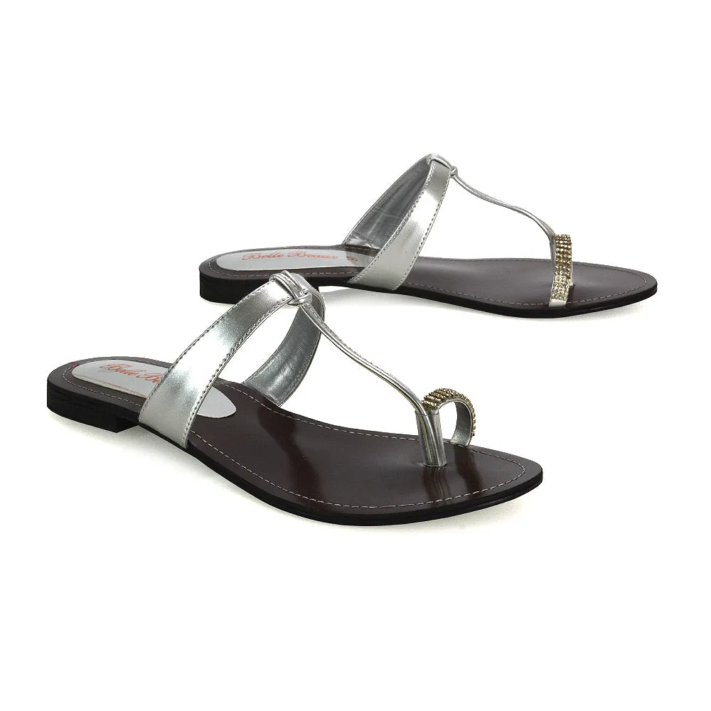 Lala Flat Strappy Diamante Detail Toe Ring Slider Summer Sandals in Silver