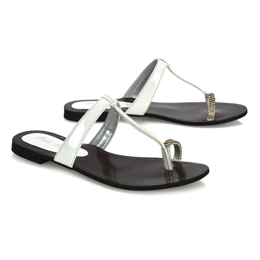 Lala Flat Strappy Diamante Detail Toe Ring Slider Summer Sandals in Silver