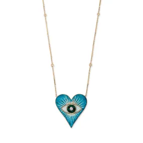 LARGE TURQUOISE OPAL MALACHITE INLAY EYE BURST HEART NECKLACE