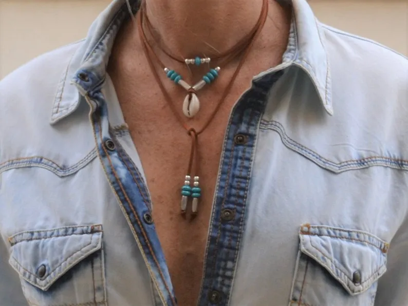 Leather Lariat Layered Necklaces Choose Cowrie Shell And Beads Clear And Amber Crystals Clear And Smokey Crystals Or Natural Turquoise Stones Wear Them Long Or As Stacked Tiered Necklaces Choose Tan Black Or White Cowhide