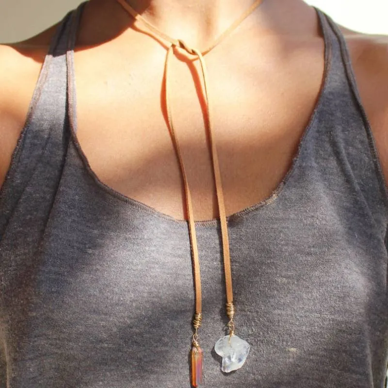 Leather Lariat Layered Necklaces Choose Cowrie Shell And Beads Clear And Amber Crystals Clear And Smokey Crystals Or Natural Turquoise Stones Wear Them Long Or As Stacked Tiered Necklaces Choose Tan Black Or White Cowhide