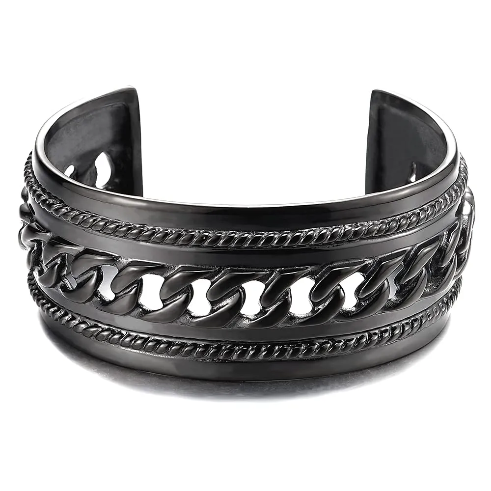 Masculine Wide Steel Cuff Bangle Bracelet for Men Women with Curb Chain Ornament