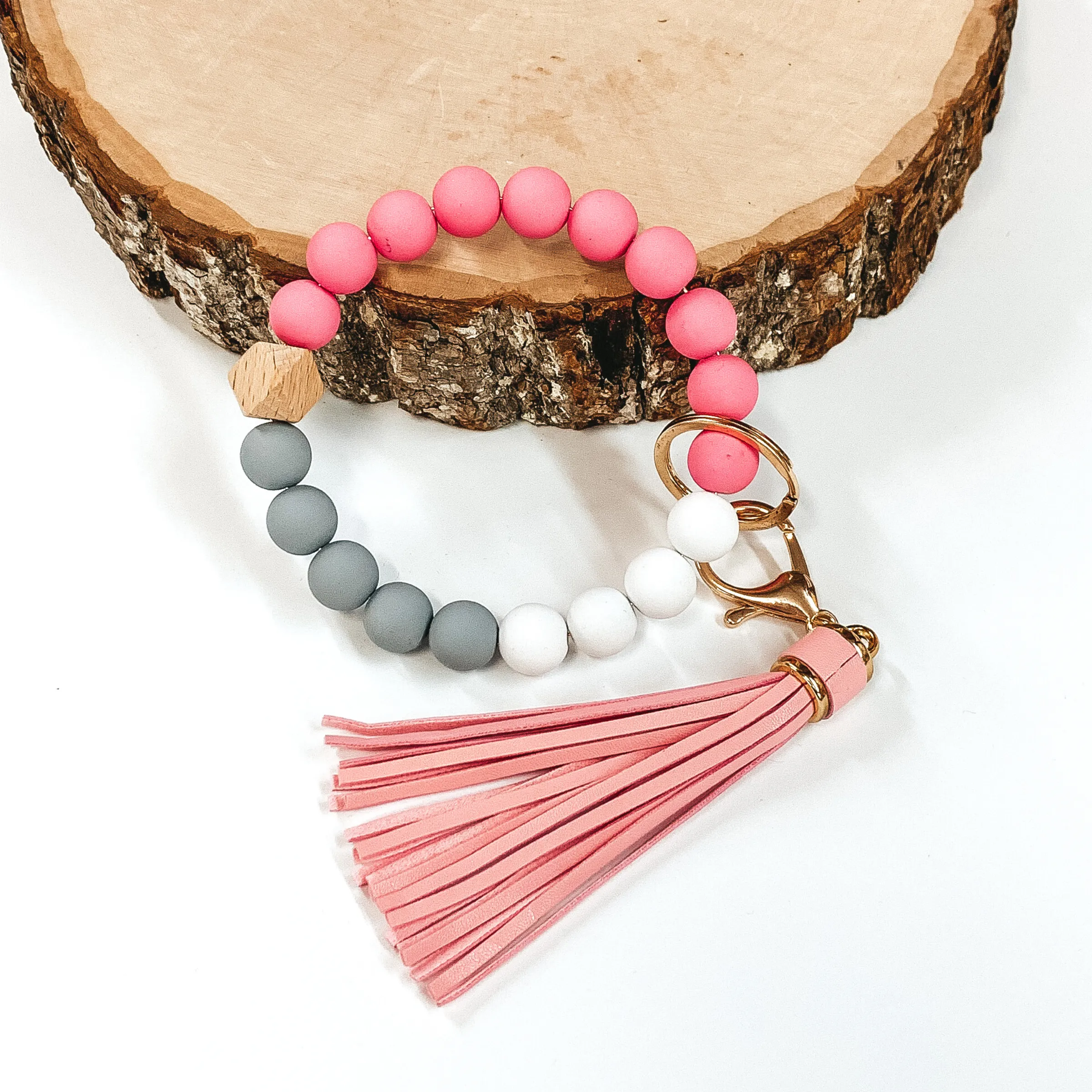 Matte Beaded Bangle Key Ring with Pink Tassel in Pink, Grey, and White