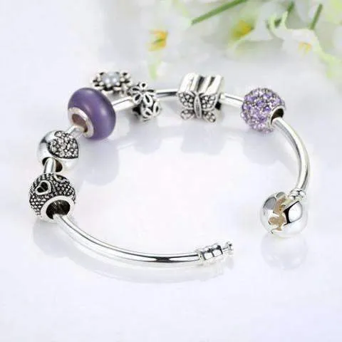 Meadow Purple Butterfly & Hearts Silver Bangle Bracelet for Woman