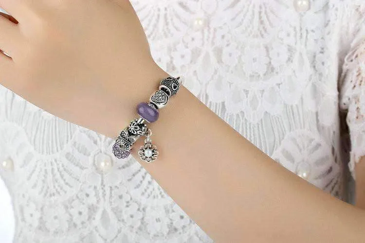 Meadow Purple Butterfly & Hearts Silver Bangle Bracelet for Woman