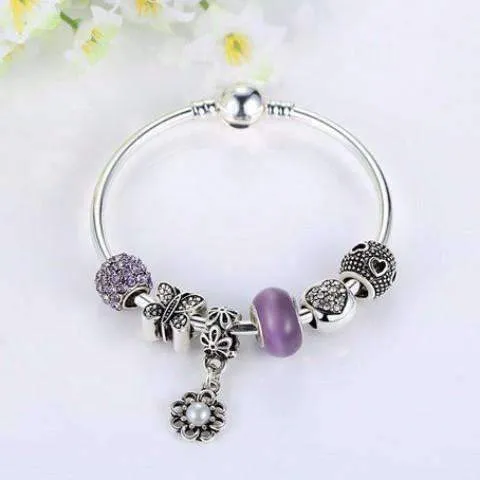 Meadow Purple Butterfly & Hearts Silver Bangle Bracelet for Woman