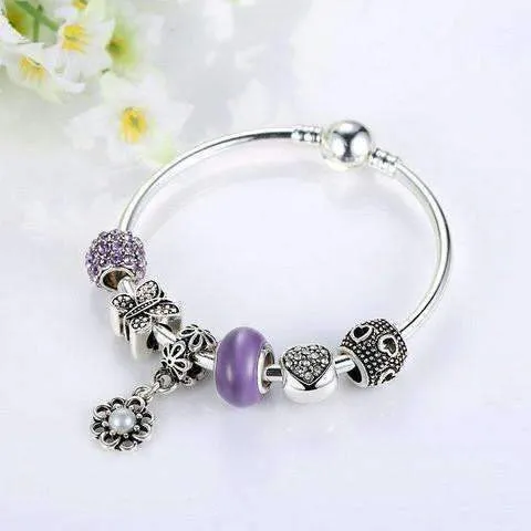 Meadow Purple Butterfly & Hearts Silver Bangle Bracelet for Woman