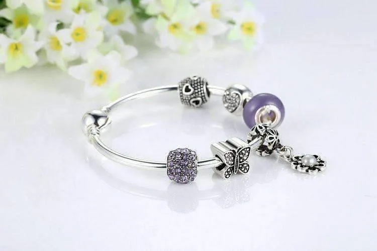 Meadow Purple Butterfly & Hearts Silver Bangle Bracelet for Woman