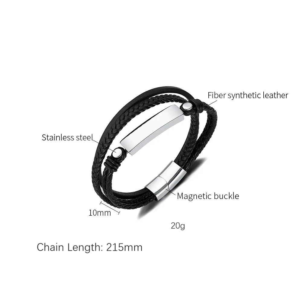 Men's Contemporary Leather Bracelet with Stainless Steel Accents - Sleek and Modern Accessory