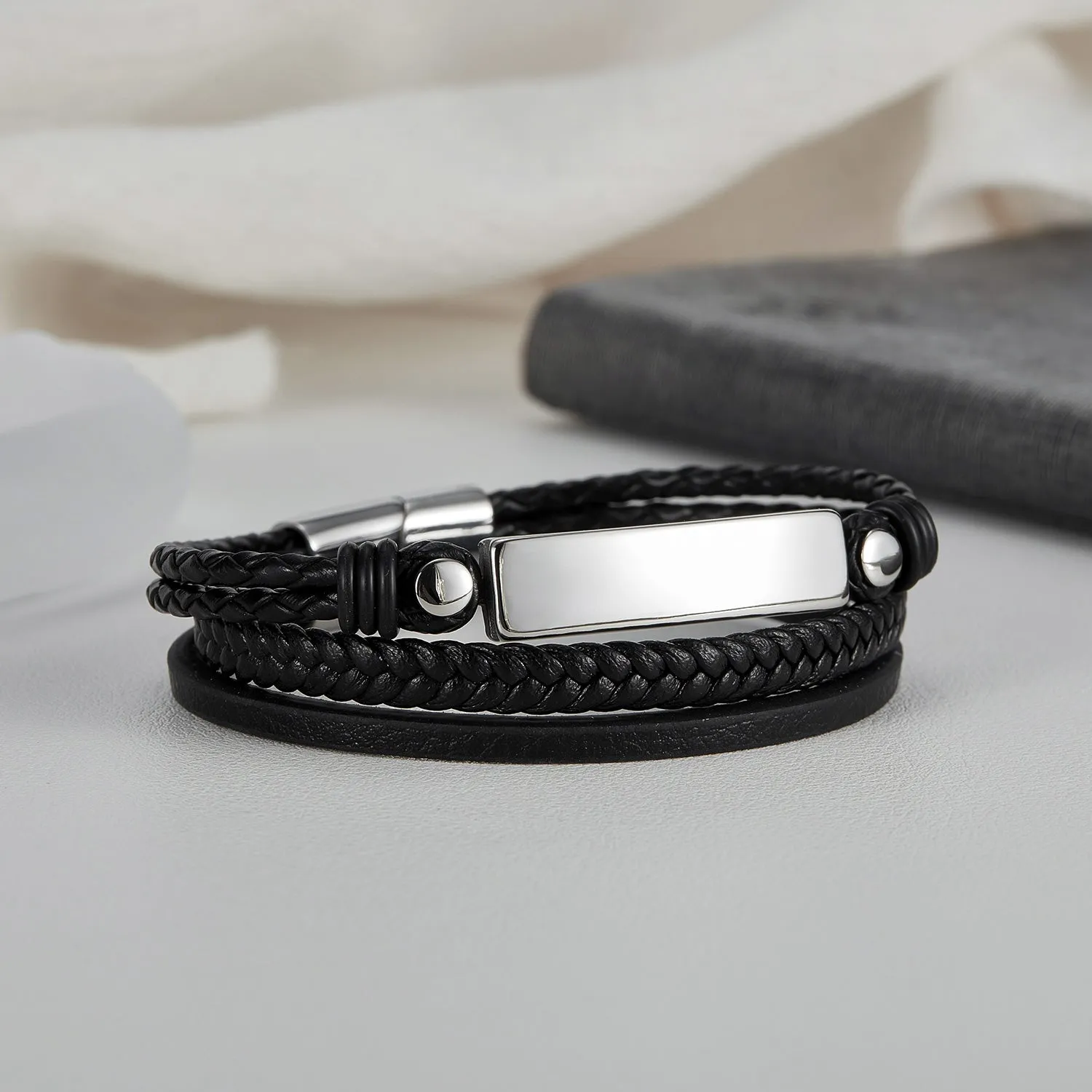 Men's Contemporary Leather Bracelet with Stainless Steel Accents - Sleek and Modern Accessory