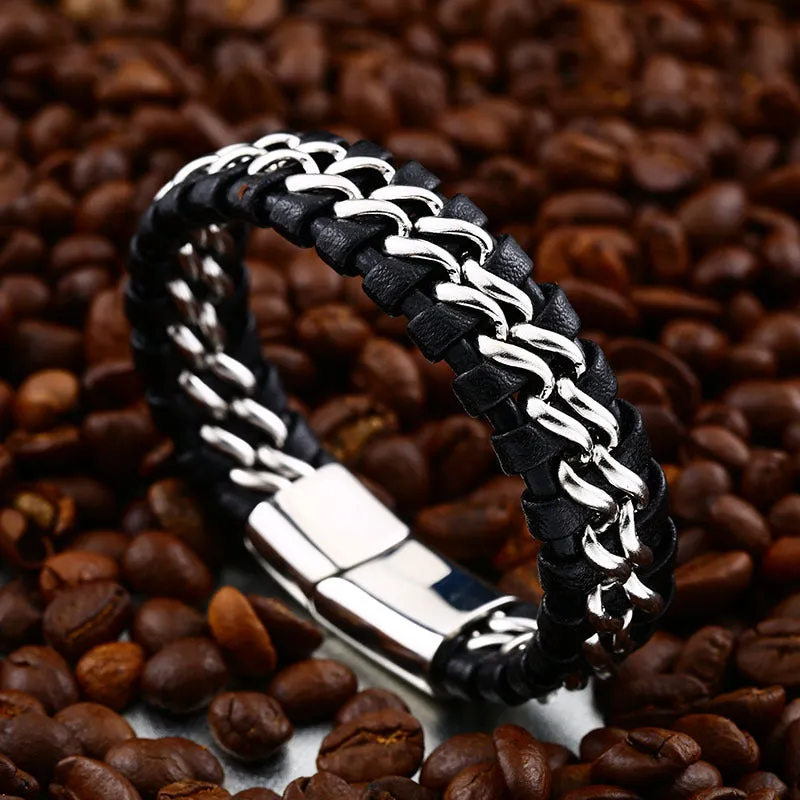 Men's Double-Row Hand-Woven Leather and Titanium Steel Locomotive Bracelet