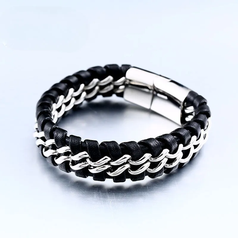 Men's Double-Row Hand-Woven Leather and Titanium Steel Locomotive Bracelet