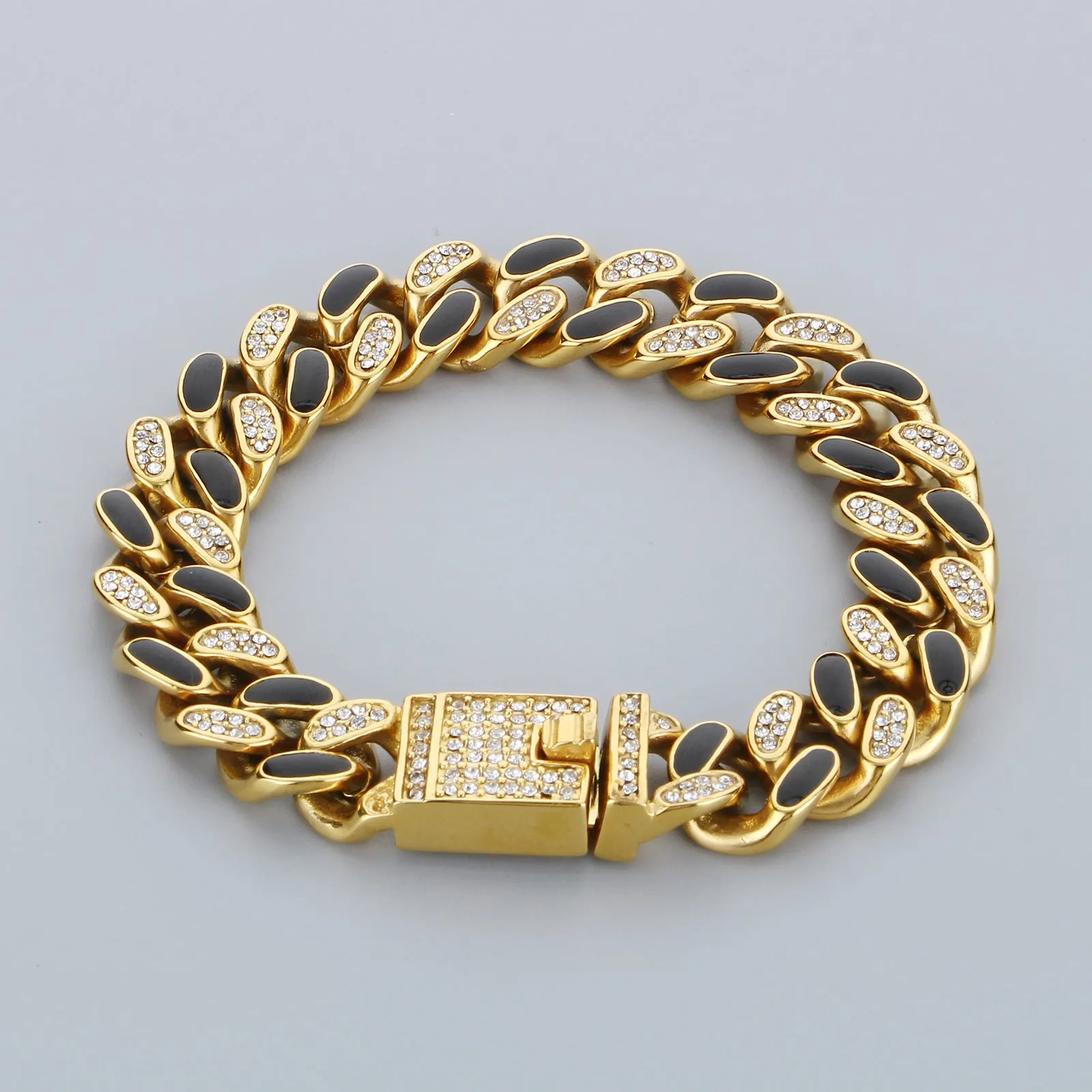 Men's Gold & Black Cuban Link Titanium Stainless Steel Bracelet - Crystal Accents