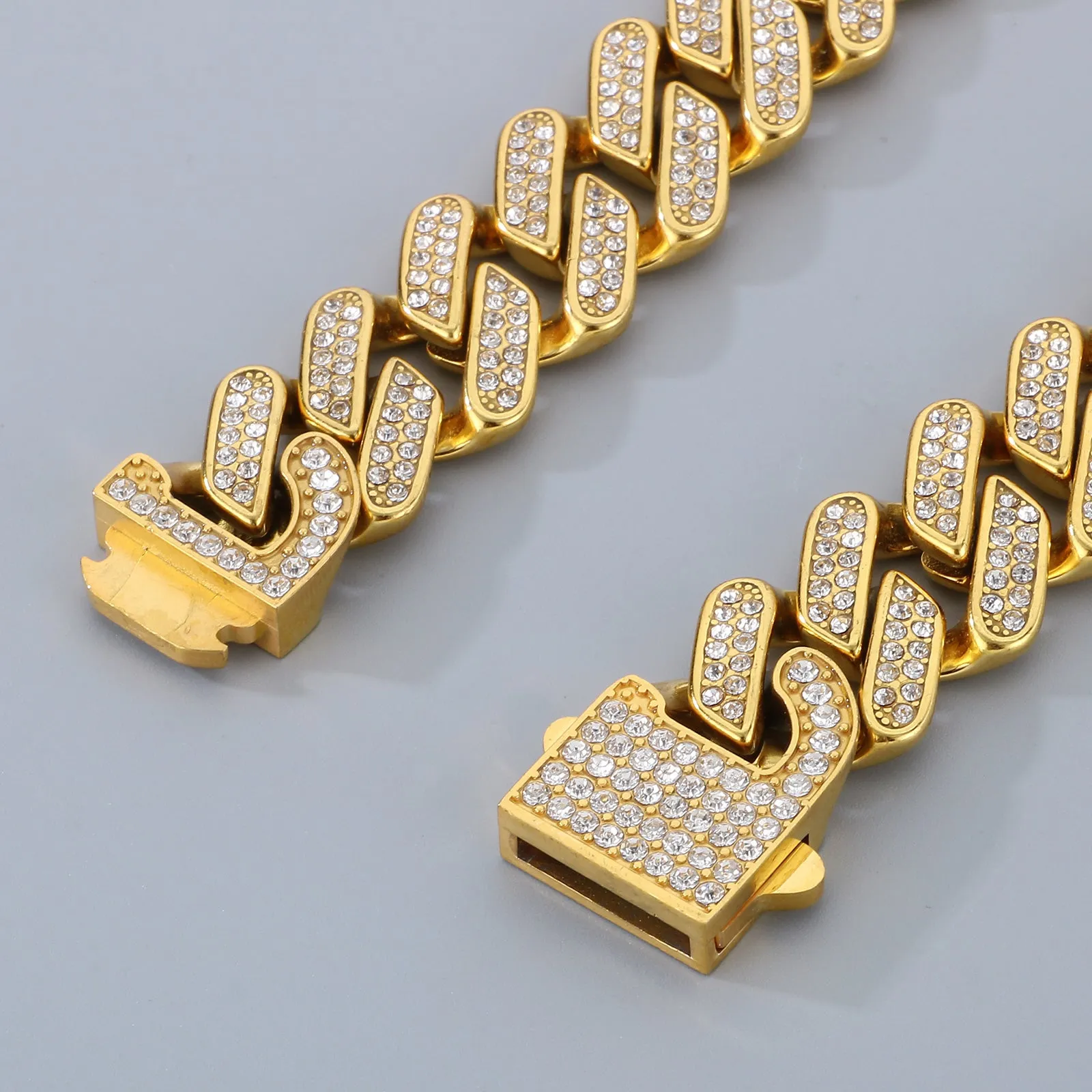 Men's Gold Titanium Stainless Steel Cuban Link Bracelet with Crystal Embellishments - Durable and Stylish