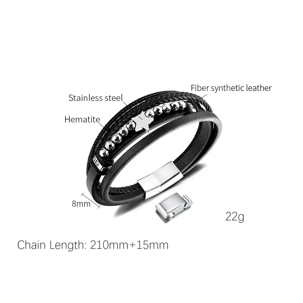 Men's Leather and Stainless Steel Multi-Strand Bracelet – Star Accents, Sleek Design with Magnetic Clasp