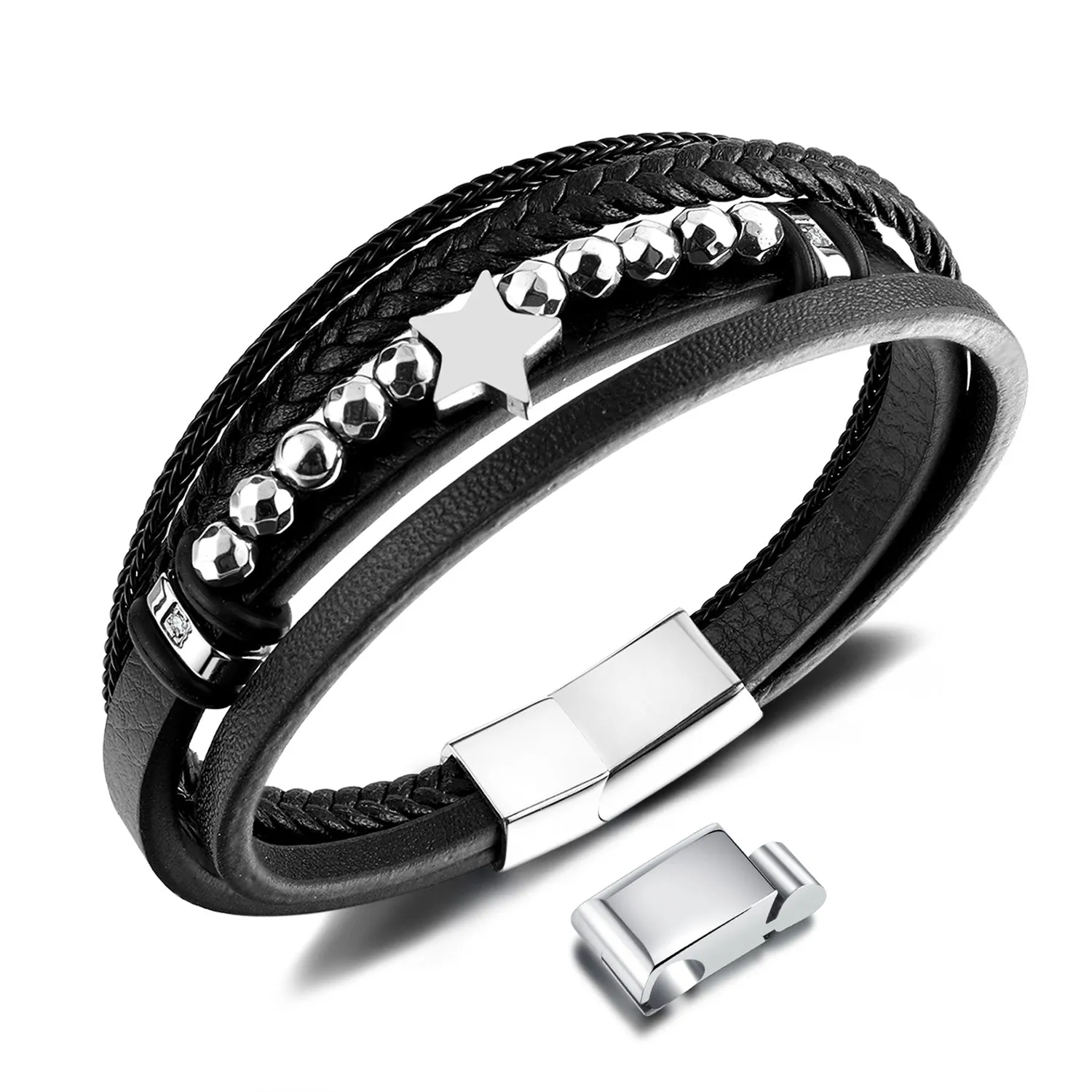 Men's Leather and Stainless Steel Multi-Strand Bracelet – Star Accents, Sleek Design with Magnetic Clasp