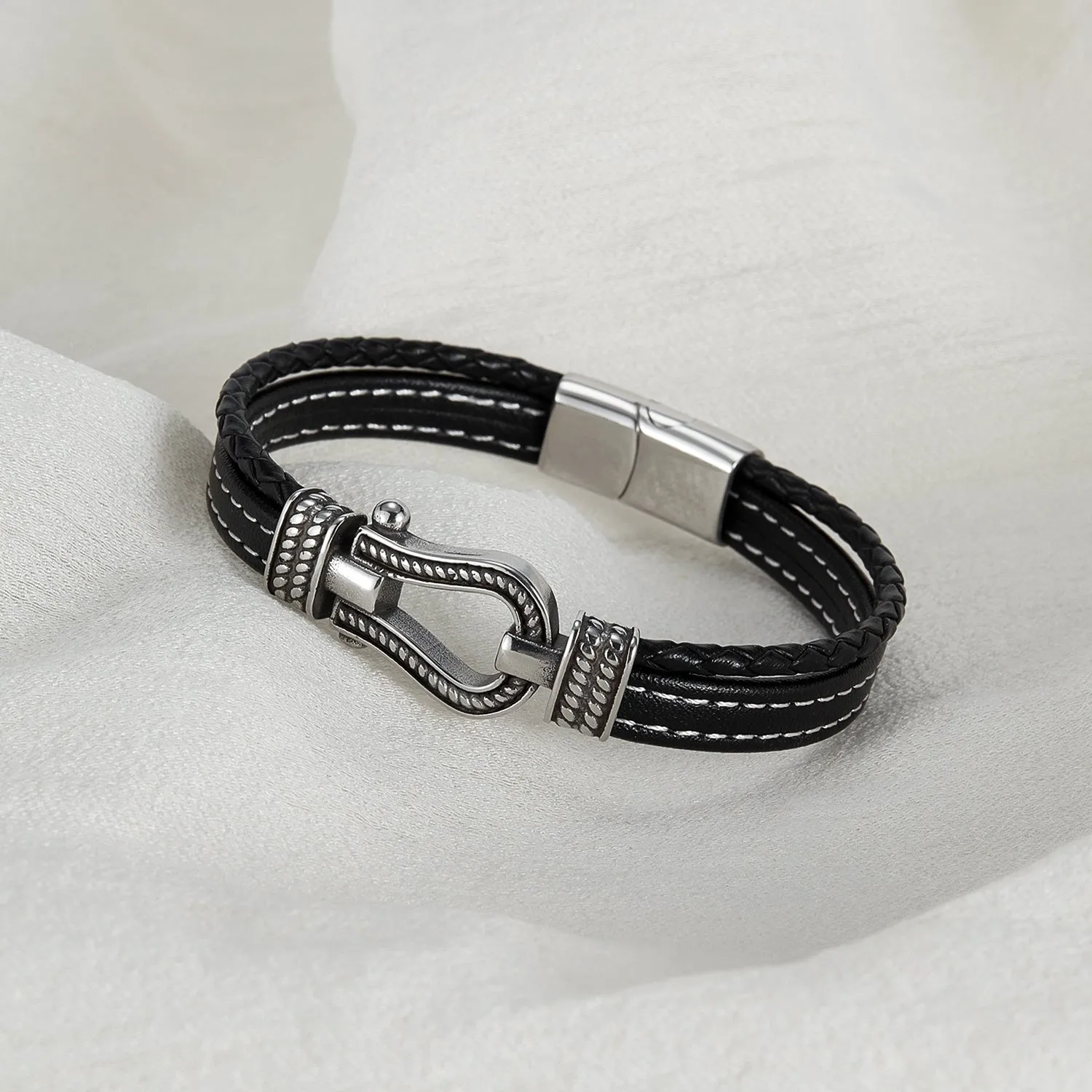 Men's Nautical Leather Bracelet with Stainless Steel Carabiner Clasp - Adventurous and Rugged Accessory