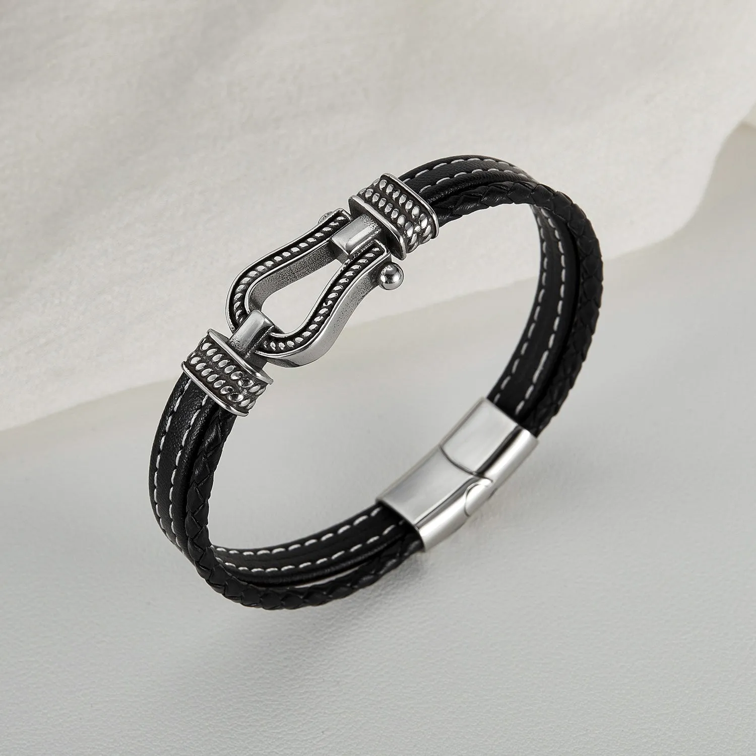 Men's Nautical Leather Bracelet with Stainless Steel Carabiner Clasp - Adventurous and Rugged Accessory