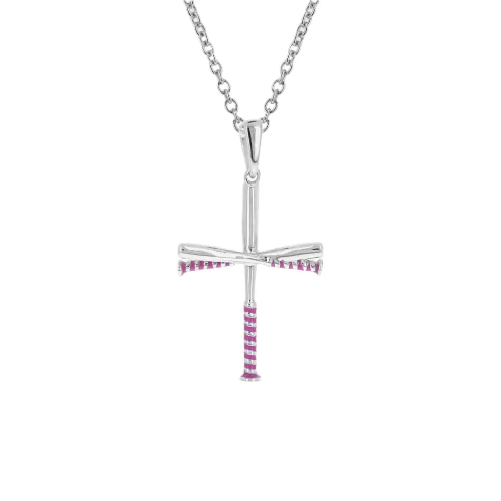 Mini Pink Softball Bat Cross Necklace | Sterling Silver