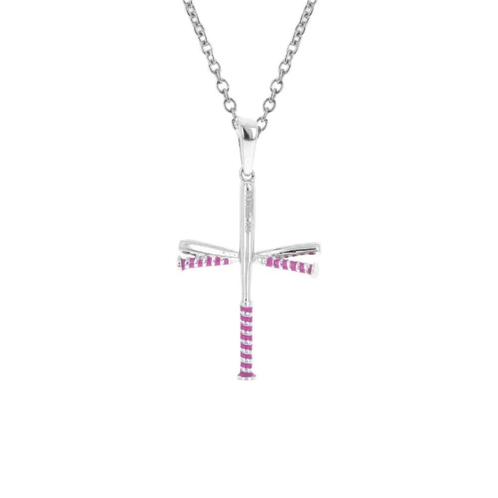 Mini Pink Softball Bat Cross Necklace | Sterling Silver