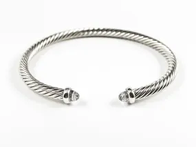 Modern Thin Cable Wire Texture With Dainty Crystal Duo Ends Brass Cuff Bangle