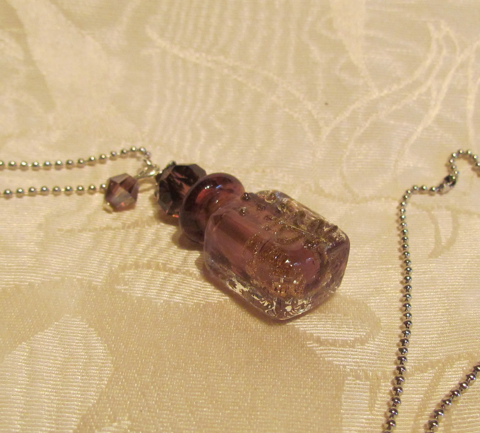 Murano Perfume Bottle Necklace Handmade Lampwork Art Glass Silver Purple Pendant Bottle