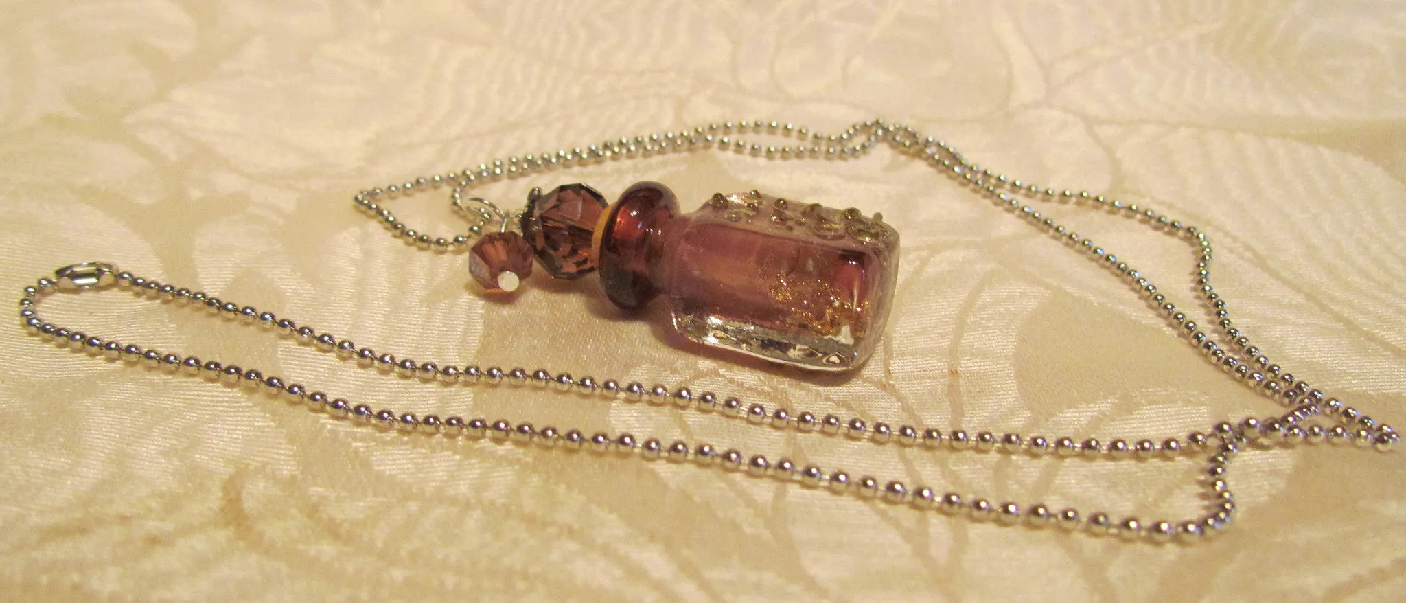 Murano Perfume Bottle Necklace Handmade Lampwork Art Glass Silver Purple Pendant Bottle