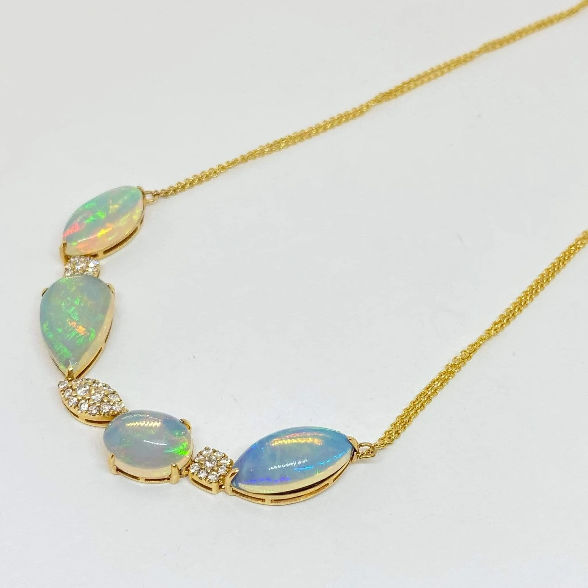 Natural Ethiopian Opal & Diamond Necklace 14K Yellow Gold 10.66 Carats