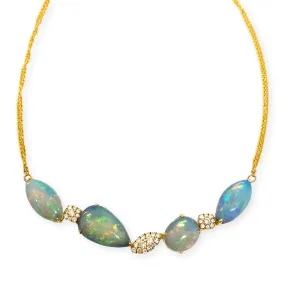 Natural Ethiopian Opal & Diamond Necklace 14K Yellow Gold 10.66 Carats