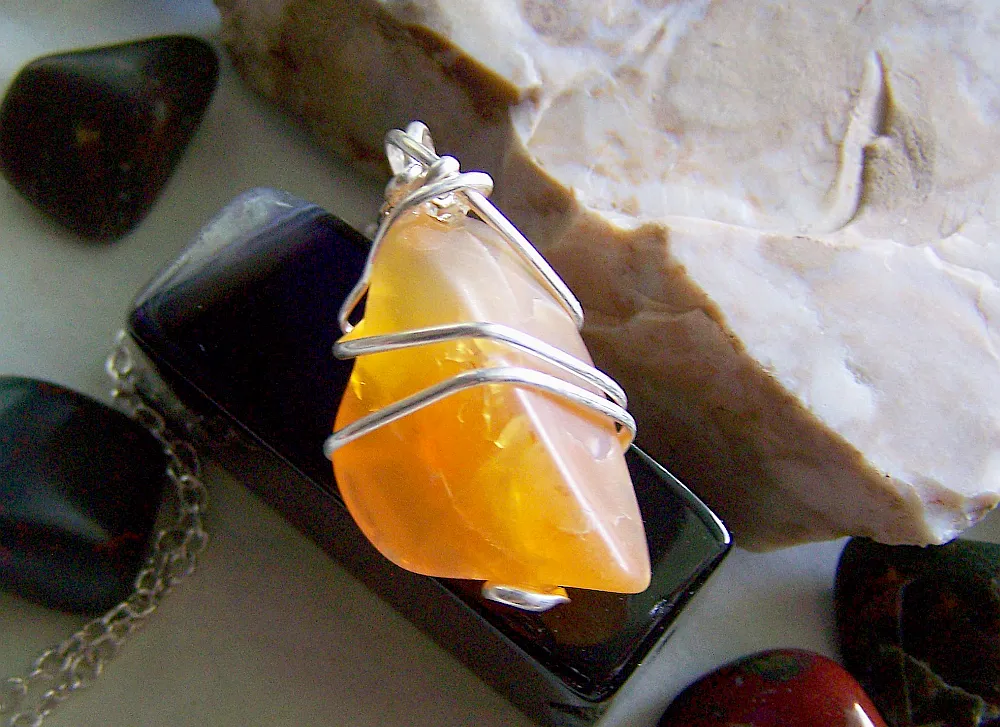 Natural Polished Orange Fire Opal Gemstone Pendant Necklace